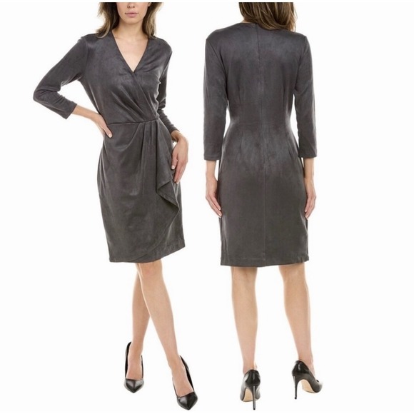 J. McLaughlin Dresses & Skirts - J. McLaughlin M Neville Sheath Faux Suede Crossover Gray LS Midi Women Dress